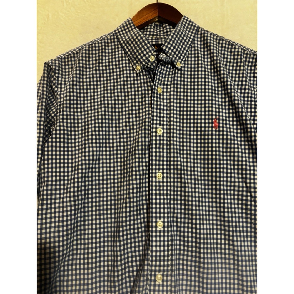 Ralph Lauren Mens Gingham Button Down Shirt Navy Blue White Long Sleeve Large